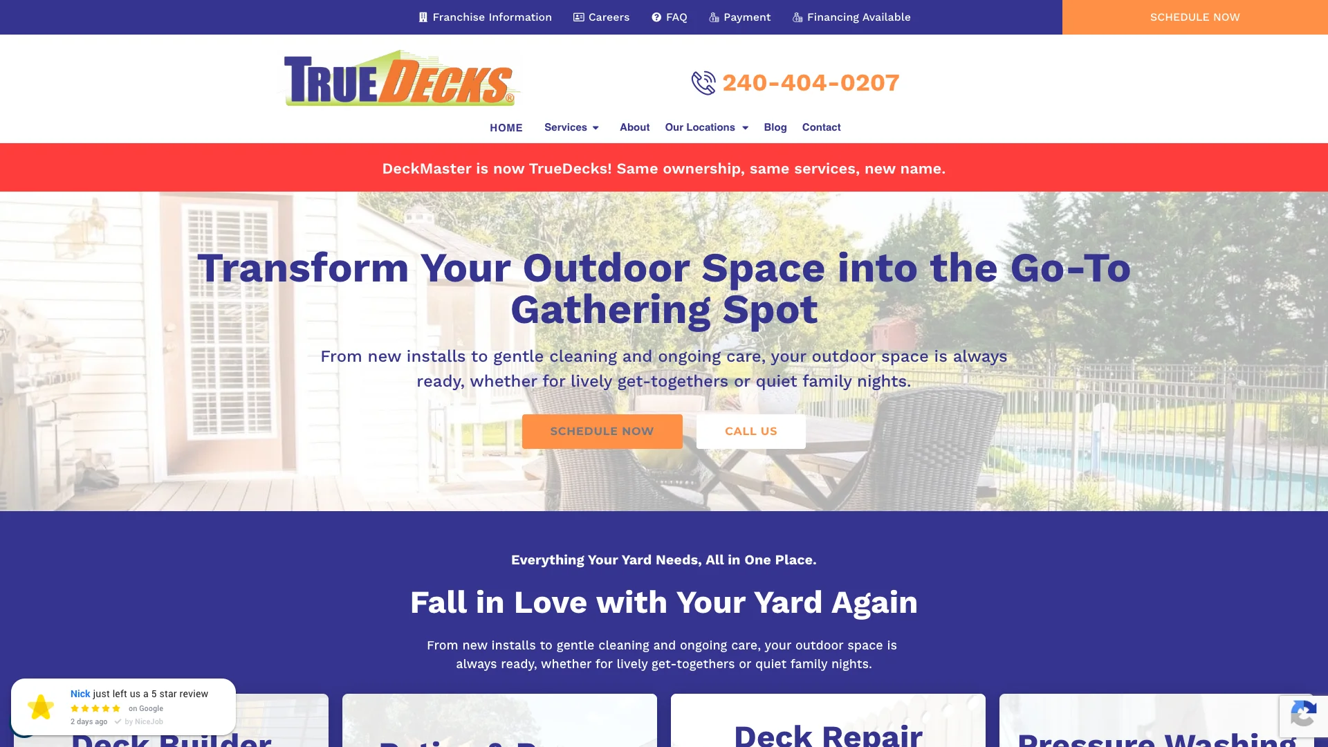 TrueDecks homepage hero showing deck building service branding in the Arlington Virginia market
