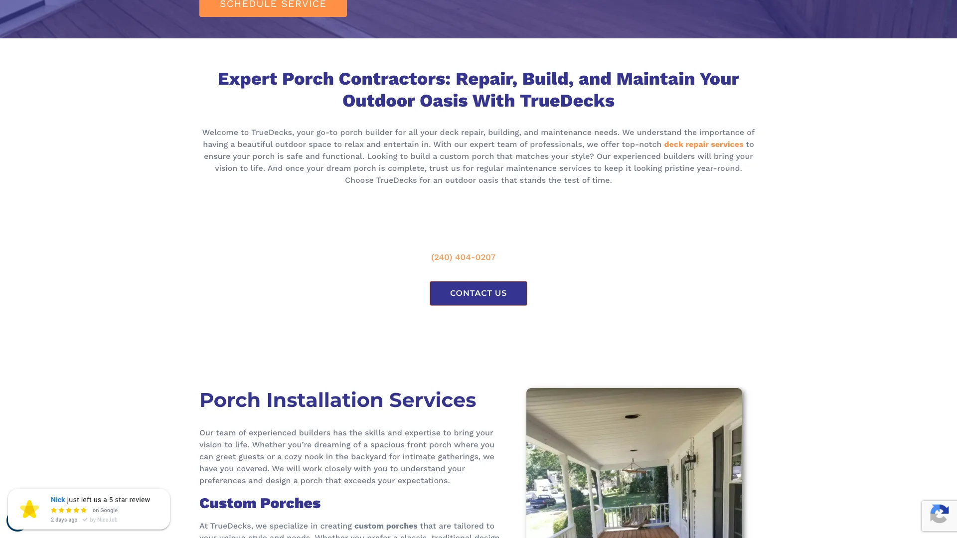 TrueDecks porch contractors service page showing the porch building service content with the Google Reviews widget, trust badges, and conversion paths for the DC metro area market