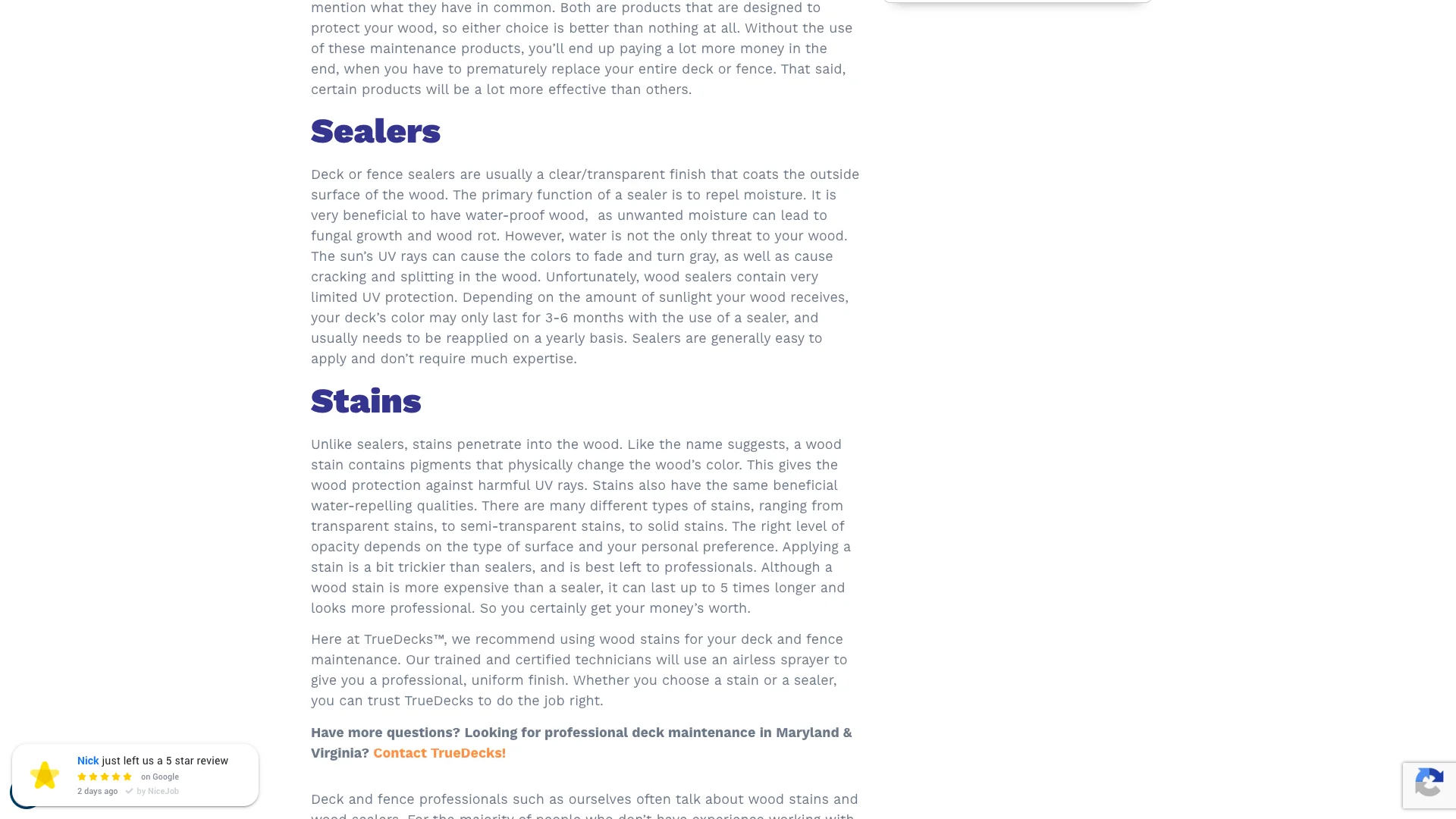 TrueDecks blog page showing the Google Reviews widget with star ratings and review content rendered alongside the deck maintenance article, plus trust badges visible in the page layout