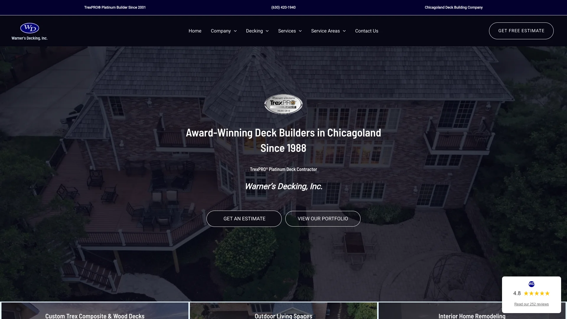 Warner's Decking homepage hero showing deck building service branding