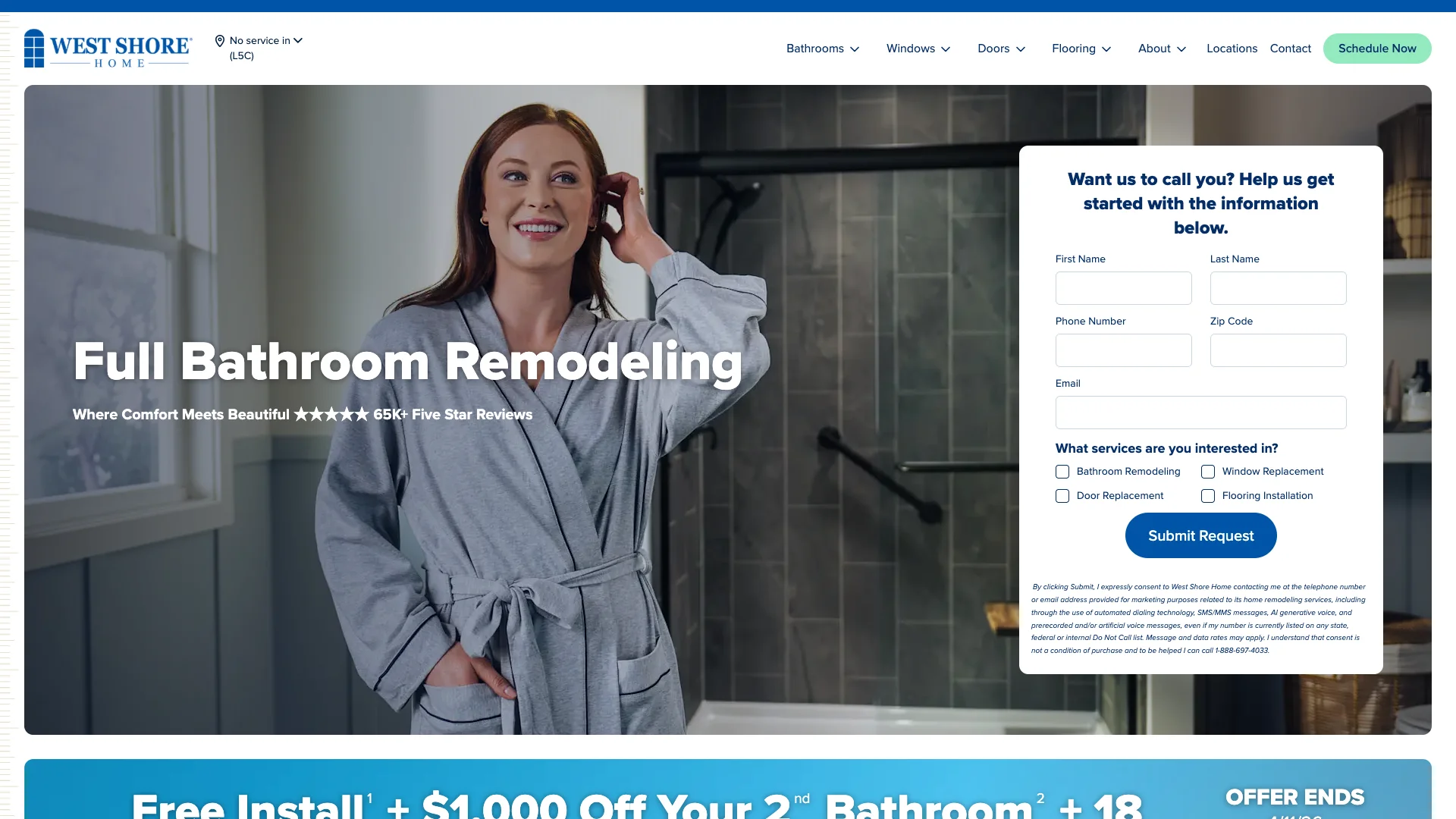 West Shore Home lead capture form showing nine fields: first name, last name, phone, zip code, email, and four product interest checkboxes for Bathroom Remodeling, Windows, Doors, and Flooring with a Continue button and 'What are you looking to remodel?' heading