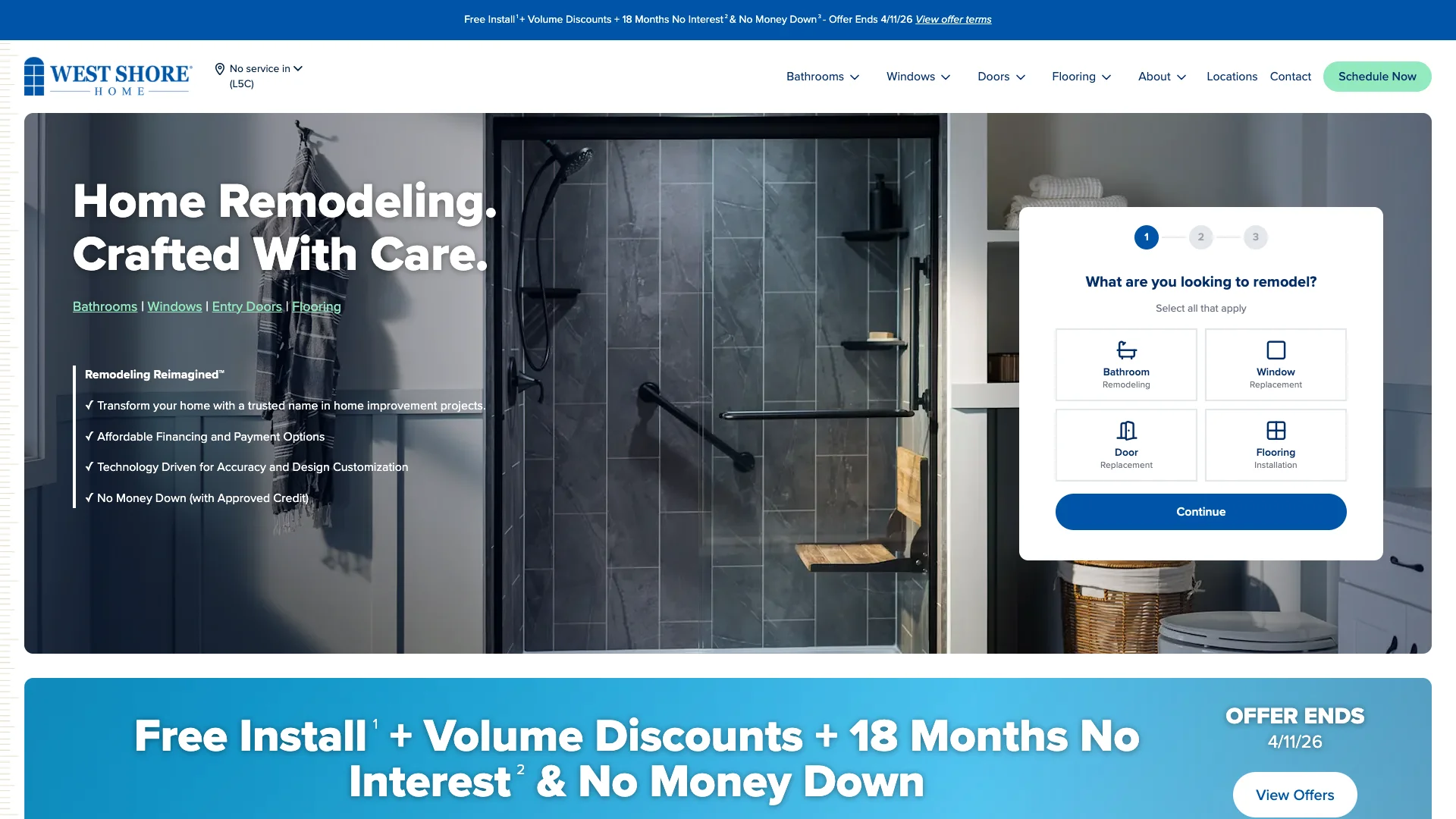 West Shore Home homepage hero showing bathroom remodeling service branding